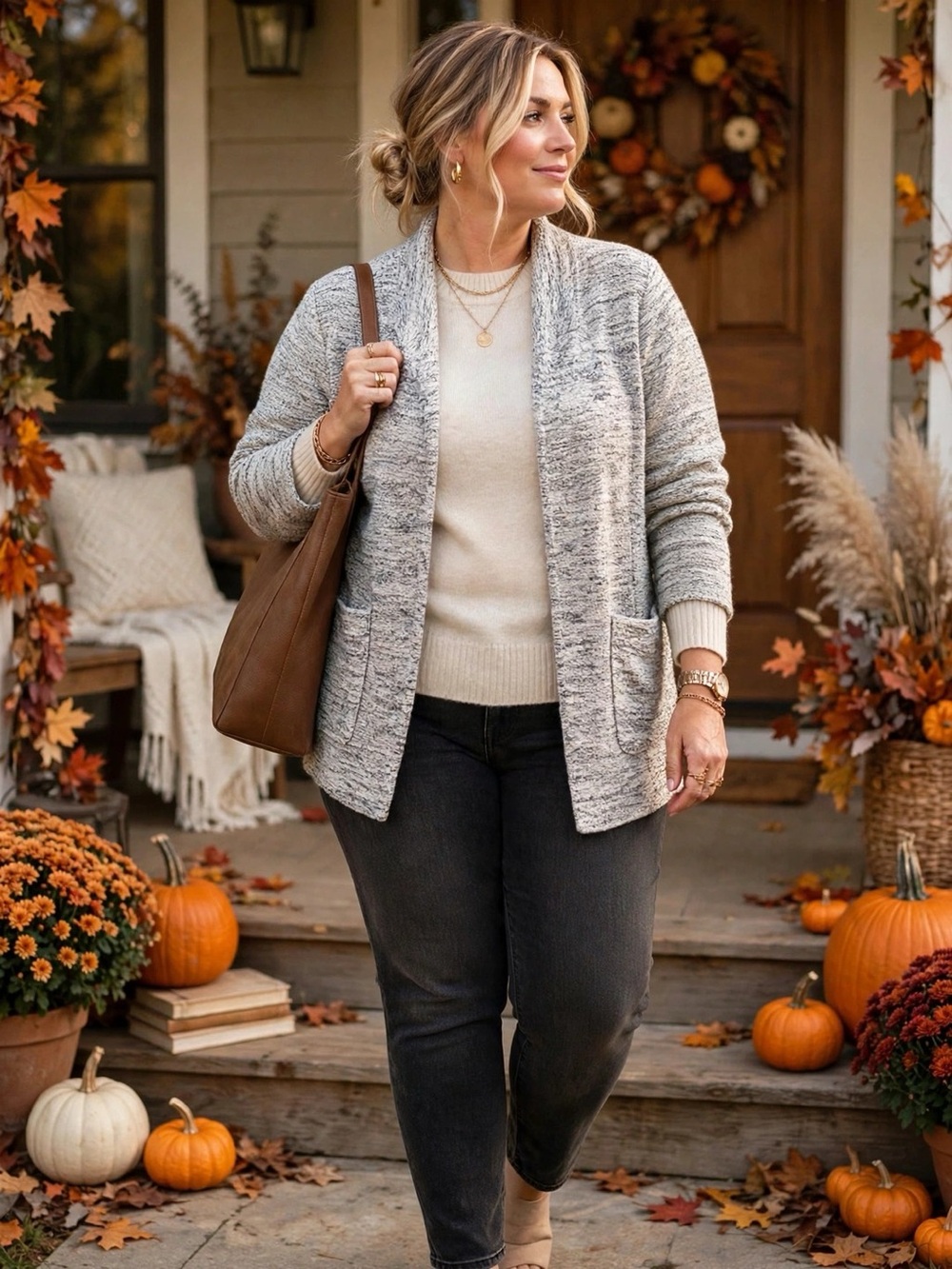 Lord & Taylor Gray Marled Knit Open Front Cardigan 60% Cotton Pockets | Size 1X